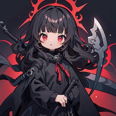 upper body, 1woman, black hair, long haired, red eyes, (crimson lightning angel), black long hoodie cape, black large scythe, tu...