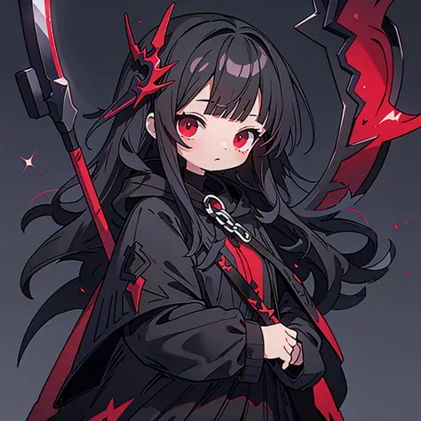 upper body, 1woman, black hair, Long Haired, Red eyes, (Crimson Lightning Angel), Black Long hoodie Cape, Black Large Scythe, tunic, big breats, wallpaper, Chain background, light particles, (masterpiece), best quality, Black mask, side-swept bangs, Top Qu...