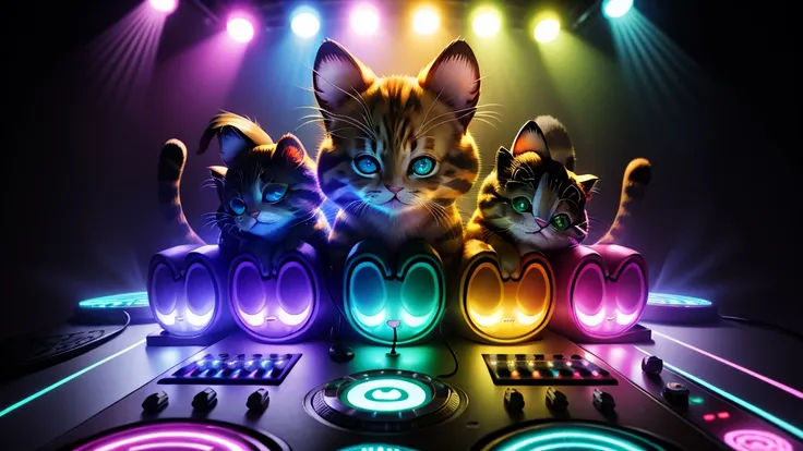 detailed dj cute kitten dj controller with neon, super vibrant music lights. adorable kitren. smiled kitten.,