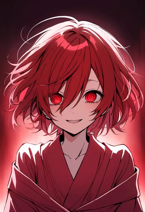 Crazy red eyes laughing Yandere Crazy anime girl. Looking. Short hair. Red hair.
