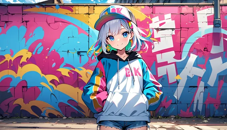 HD 8K Handsome cute, Solitary, 1 female, Medium Length Hair, white hair, Rainbow hair, blue Eyes, happy smile, Rainbow headphone, hoodie, colored hoodie, Trucker Hat, hip-hop style hooded jacket, denim shorts, Human focus, outdoor, White clouds, graffiti P...