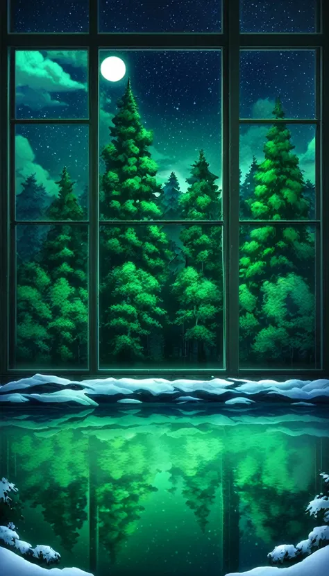 scenery,no humans, sky, moon, star (sky), night, reflection, starry sky, tree, night sky, nature, snow, full moon, forest, cloud...