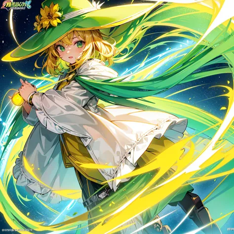 1girl、Dynamic composition、Yellow-green laser、(((Best Quality、Masterpiece、Official Art、Anime Style、The best dynamic composition、超detailed)))、Shine Muscat personification，Yellow-green hunting hat and coat，Light soft color coat and hat，Super huge、detailed、who...