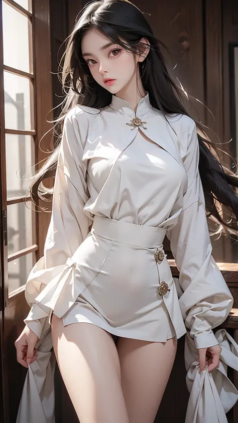 Beauty，Long hair。Beautiful face，big eyes，Double eyelids，Long eyelashes。Perfect body。White and tender skin。Full breasts，Thin waist。Hips，Long legs。miniskirt，Plump thighs exposed。Back to the audience。