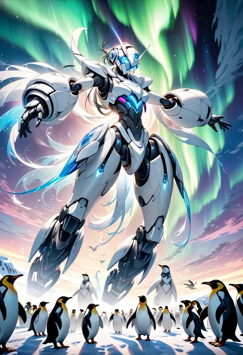 a white humanoid ai robot dancing in front of many penguins under the fantastical northern lights in the arctic, blue lights ema...