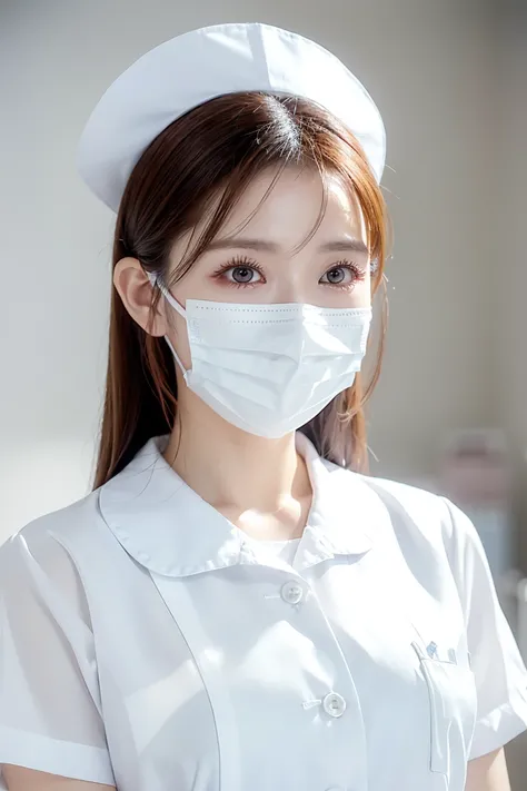 (Tabletop、Highest quality、8K、Award-winning works、Ultra-high resolution)、(one beautiful nurse:1.1)、(Perfect white nurse uniform:1.1)、(White Mask:1.1)、Accurate anatomy、(The background of the hospital room is strongly blurred:1.1)、very bright white lighting、(...