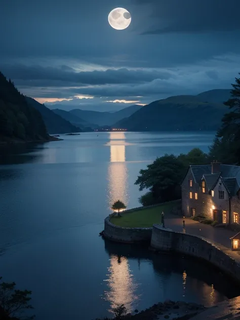 at night, castle village in Scotland, Loch Ness, beautiful moonlit lake Loch Ness, good lighting, realistic image, masterpiece, high quality 8K, sharp focus