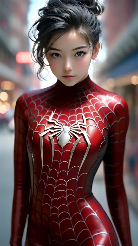 blurry backround,depth of field,
black spiderman costume,1 girl, alone,lips, (shiny skin:1.5)skintight, mole under eye, blond h...