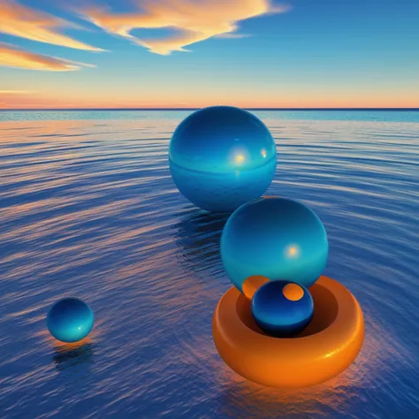 y2k aesthetics, 3d art, ocean, sunset, blue orange white, abstract 3d object