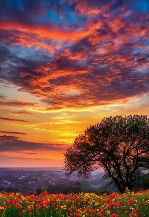 il y a un beau coucher de soleil, le flanc de la colline est couvert de fleurs et de plantes, les fleurs sont de près, le ciel c...