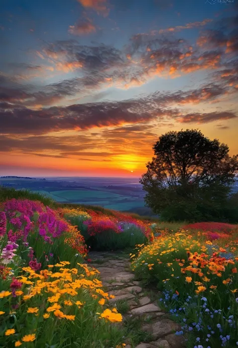 il y a un beau coucher de soleil, le flanc de la colline est couvert de fleurs et de plantes, les fleurs sont de près, le ciel c...