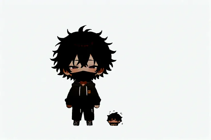 masterpiece,chibi,1man, half closed eyes, black hair, mouth mask, full body, white background, simple background, very short hair, messy hair, hoodie, happy