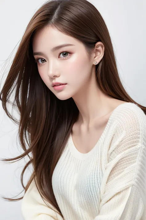 (Highest quality、Tabletop、8K、Best image quality、Award-winning works)、((profile:1.4))、ear、((Long Hair:1.46)),(Brown Hair)、(White casual clothes:1.2)、(The simplest pure white background:1.3)、(Perfectly fixed in front:1.1),(Portrait with Space:1.2)、Beautiful ...