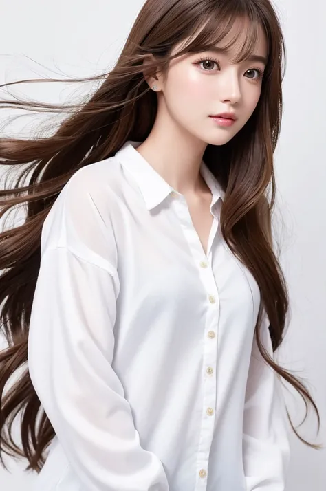 (Highest quality、Tabletop、8K、Best image quality、Award-winning works)、((profile:1.4))、ear、((Long Hair:1.46)),(Brown Hair)、(White casual clothes:1.2)、(The simplest pure white background:1.3)、(Perfectly fixed in front:1.1),(Portrait with Space:1.2)、Beautiful ...