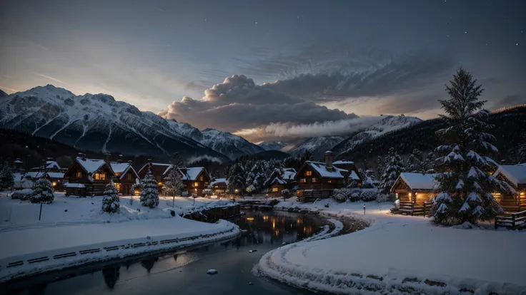 Hyper-realistic snow-covered village in the mountains, cozy wooden cabins with smoke rising from chimneys, detailed textures of snow and ice, villagers in winter clothing, a frozen lake and pine trees, soft twilight glow, a sense of tranquility and isolati...