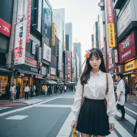 masterpiece, best quality,photorealistic,8k raw photo,midjourney style,,  a high-resolution, wide-angle photo of a pretty korean girl standing in a Tokyo city during the day. The photo should have cinematic lighting and the person should be wearing a flowe...