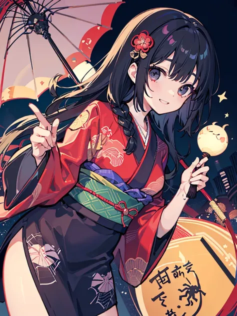 Spider web pattern kimono、Mysterious Woman、Black Hair、Braid your hair together、Black eyes、Horror、Spider Hanging Down、Spider-Woman、Black yukata、whole body、Low - Angle、An inappropriate smile、A strong-willed girl、night、Cool composition、whole body、Spider web o...