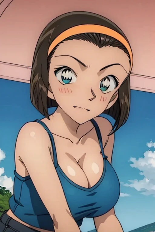 looking at the camera、When I Look at You、lookatviewer、Anime Style、Eroge、1 Girl,  (Huge breasts), (Tight white cropped camisole)、Low Angle、Brown haired, hair band、Bob Hair、The forehead is visible、blush,The whole body is visible:1.5、Dolphin Shorts、Cleavage