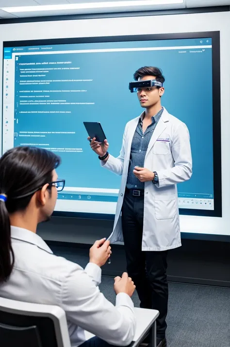 A cyborg teacher with a mechanical arm and a bionic eye, wearing a white lab coat and holding a holographic tablet, standing in front of an interactive digital whiteboard, where he shows complex graphics and formulas, while teaching a class of students wit...