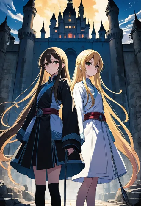 The book cover features intricately detailed artwork in an anime or manga style. On the left side, one twin girl with a neat, heroic face and long straight hair casts a shadow. Beside her, another girl, not her twin, stands slightly behind or peeks out fro...