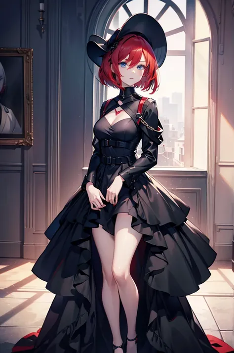 a beautiful girl with red hair wearing a black dress, detailed facial features, bob haircut, full body illustration, woman weari...