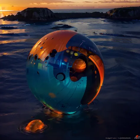 frutiger aero, y2k aesthetics, 3d game art, ocean, sunset, blue orange white, abstract 3d metaball object