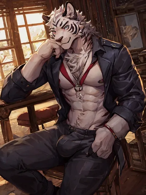 {{bara extremely handsome white tiger,}} {{white fur,}} white, wearing military like purple trench coat, purple trousers, white dress shirt and necktie, white fluffy furry body and limbs, loafers, very tall, very broad shoulders, narrow waist, muscular arm...