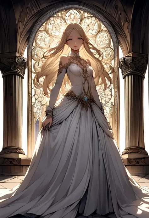 A graceful person、A beautiful woman stands quietly in an ancient hall full of history.。She has long, silky golden hair.，Gently placed on her white shoulders。That delicate face is like a fine work of art，A pair of clear and deep blue eyes，Its like a deep la...