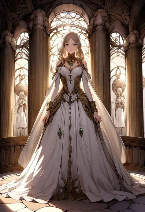 A graceful person、A beautiful woman stands quietly in an ancient hall full of history.。She has long, silky golden hair.，Gently placed on her white shoulders。That delicate face is like a fine work of art，A pair of clear and deep blue eyes，Its like a deep la...