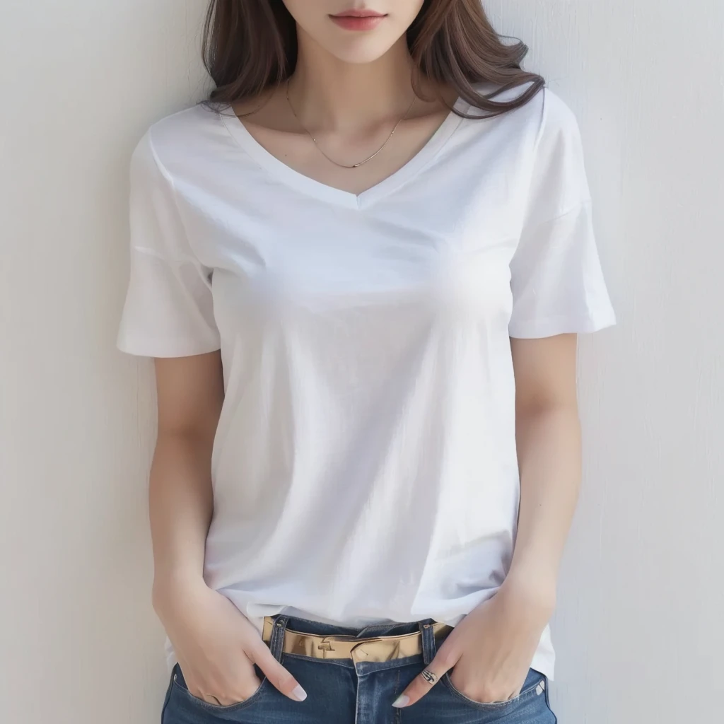 Ala Fed woman in white shirt and jeans poses for photo, White T-shirt, plain White T-shirt, White T-shirt, White T-shirt, White T-shirtを着て, Short sleeve, casual white garment, Wearing a white V-neck top, Trendy white clothes, V-shaped clothing with an open...