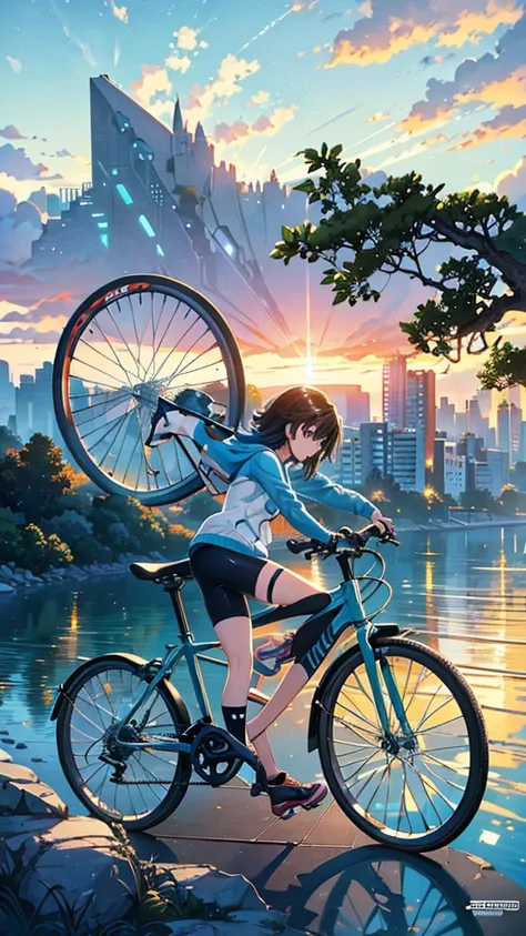 There was a bicycle parked on the side of the road near the water., Detailed digital illustrations, Makoto Shinkai Cyril Rolando, city background, Detailed 2D illustrations, Stylish digital illustrations, phone wallpaper, amazing wallpaper, in the form of ...