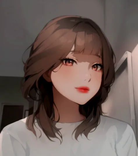 a close up of a woman with a white shirt and red lipstick, with short hair, the hime cut, neat hair with bangs, white hime cut hairstyle, with bangs, with short hair with bangs, soft hair, with round face, mid - length hair, ruan cute vtuber, ulzzang, brow...