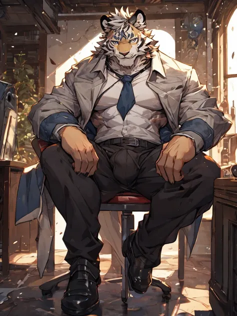 {{bara extremely handsome white tiger,}} {{white fur,}} white, wearing military like purple trench coat, purple trousers, white dress shirt and necktie, white fluffy furry body and limbs, loafers, very tall, very broad shoulders, narrow waist, muscular arm...