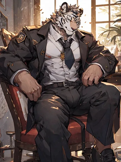 {{bara extremely handsome white tiger,}} {{white fur,}} white, wearing military like purple trench coat, purple trousers, white dress shirt and necktie, white fluffy furry body and limbs, loafers, very tall, very broad shoulders, narrow waist, muscular arm...