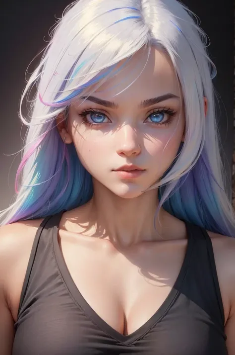 ((high quality, masterpiece:1.4)), 1girl, upper body, gym clothes, white hair, rainbow colored hair, gradient hair, pretty face, beautiful face, beautiful eyes, beautiful girl, pretty girl, perfect facial shape, absurdres, realistic proportions, dynamic po...