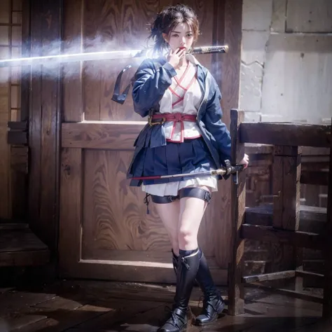 Close-up shot of young girl holding samurai sword