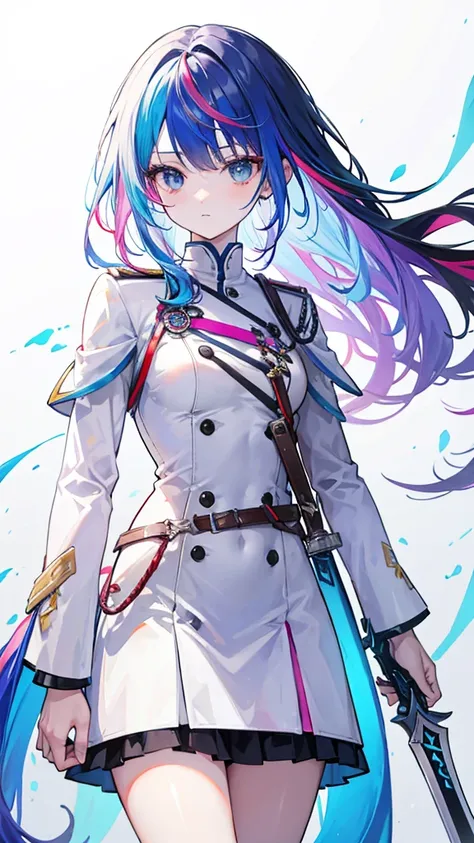 rainbow colored hair, expressionless, neat white uniform, Greatsword in both hands