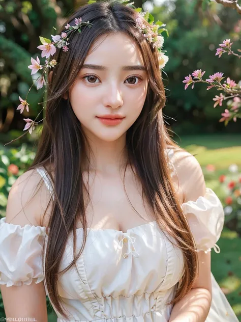 a beautiful 20 year old girl, long flowing hair, big round eyes, small nose, full lips, delicate facial features, elegant dress, serene expression, standing in a lush garden, sunlight filtering through the trees, flowers blooming all around, birds singing,...