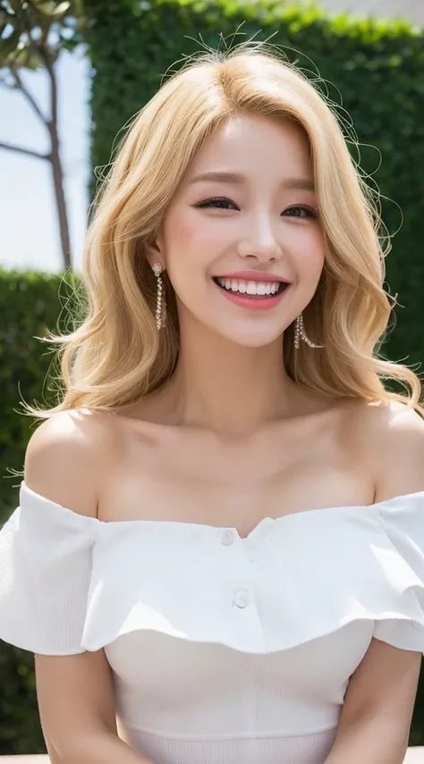 Surreal beautiful woman with blonde wavy hair and a big smile on her face.South Korea.Pure white off-shoulder low-cut dress.role play