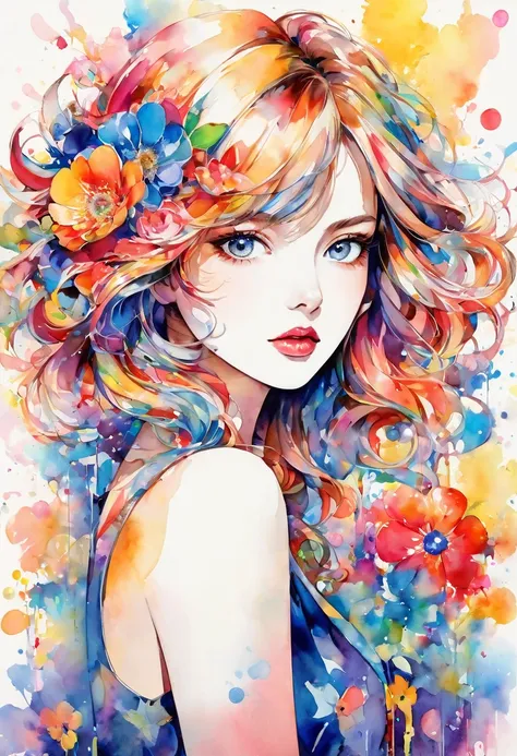 beautiful woman portrait, sylvia pelissero watercolors, colorful flowers、beautiful eyes、 abstract art, intense watercolor, water...