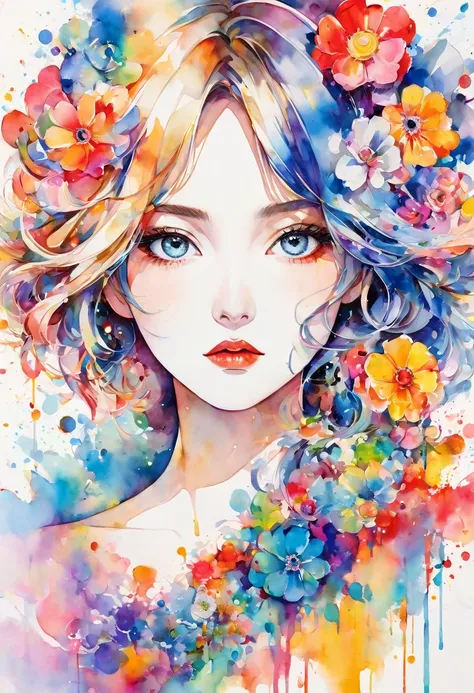 beautiful woman portrait, sylvia pelissero watercolors, colorful flowers、beautiful eyes、 abstract art, intense watercolor, water...