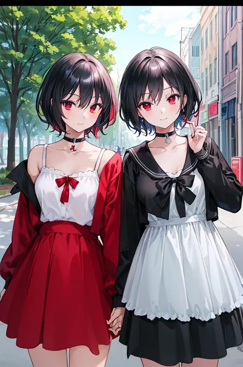 (masterpiece, highest quality, highest quality, (No text), Beautiful and aesthetic:1.2),No text,アニメ、BREAK,One Girl，Black Hair Girl　short hair　older sister　choker　Tree Eyes　Beautiful eyes　Red eyes　cool　smile　Red and Black　Black jacket　mini skirt　whole body　...