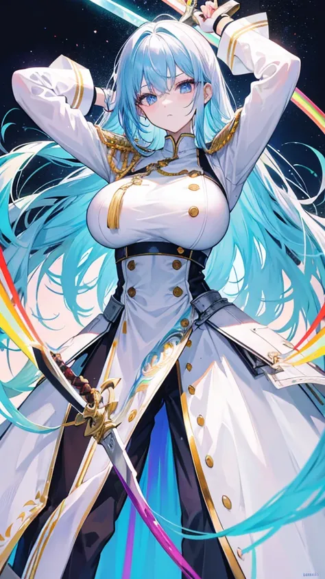 rainbow colored hair, expressionless, neat white uniform, A huge sword in both hands, very large breasts