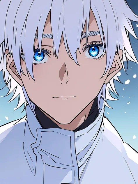 Gojo Satoru walk in winter coated in snow ,white hair , blue eyes