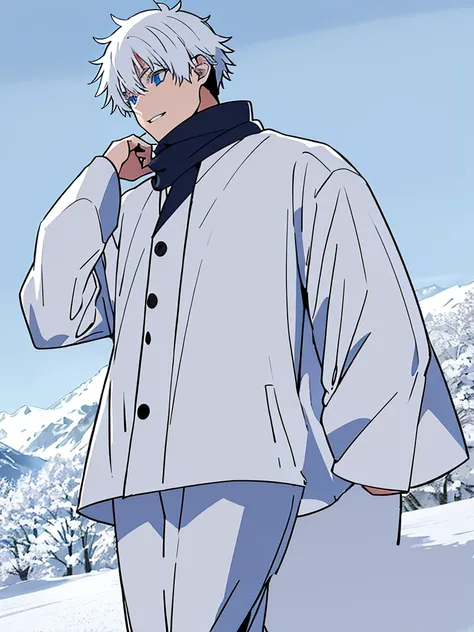 Gojo Satoru walk in winter coated in snow ,white hair , blue eyes