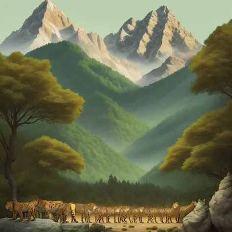 A big forest there is tiger, eliphant, cheetah, lion,green graps,back ground is beutiful mountain,lion sitting a big rock, lion left side is a small group of fox