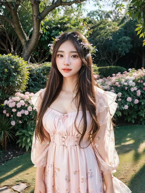 a beautiful 20 year old girl, long flowing hair, big round eyes, small nose, full lips, delicate facial features, elegant Multi Pastel Color versace dress, serene expression, standing in a lush garden, sunlight filtering through the trees, flowers blooming...