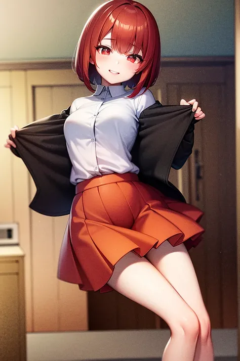 (The ultimate masterpiece), (Ultra HD), (Ultra-fine), High resolution, Ultimate beauty, High chroma, vivid,Girl,(pretty girl), Thighs, (cardigan), (skirt), Super Smile, Red hair,ショートBob，(Bob),Red Eyes ,Small breasts, Cute room，put one&#39;s hand between on...