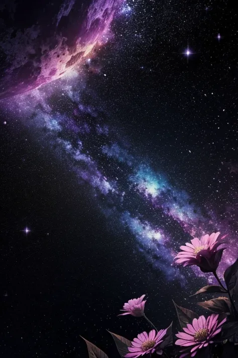 background galaxy,unicorn black, foreground flowers 