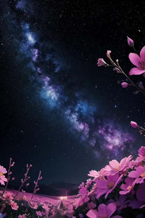 background galaxy,unicorn black, foreground flowers 